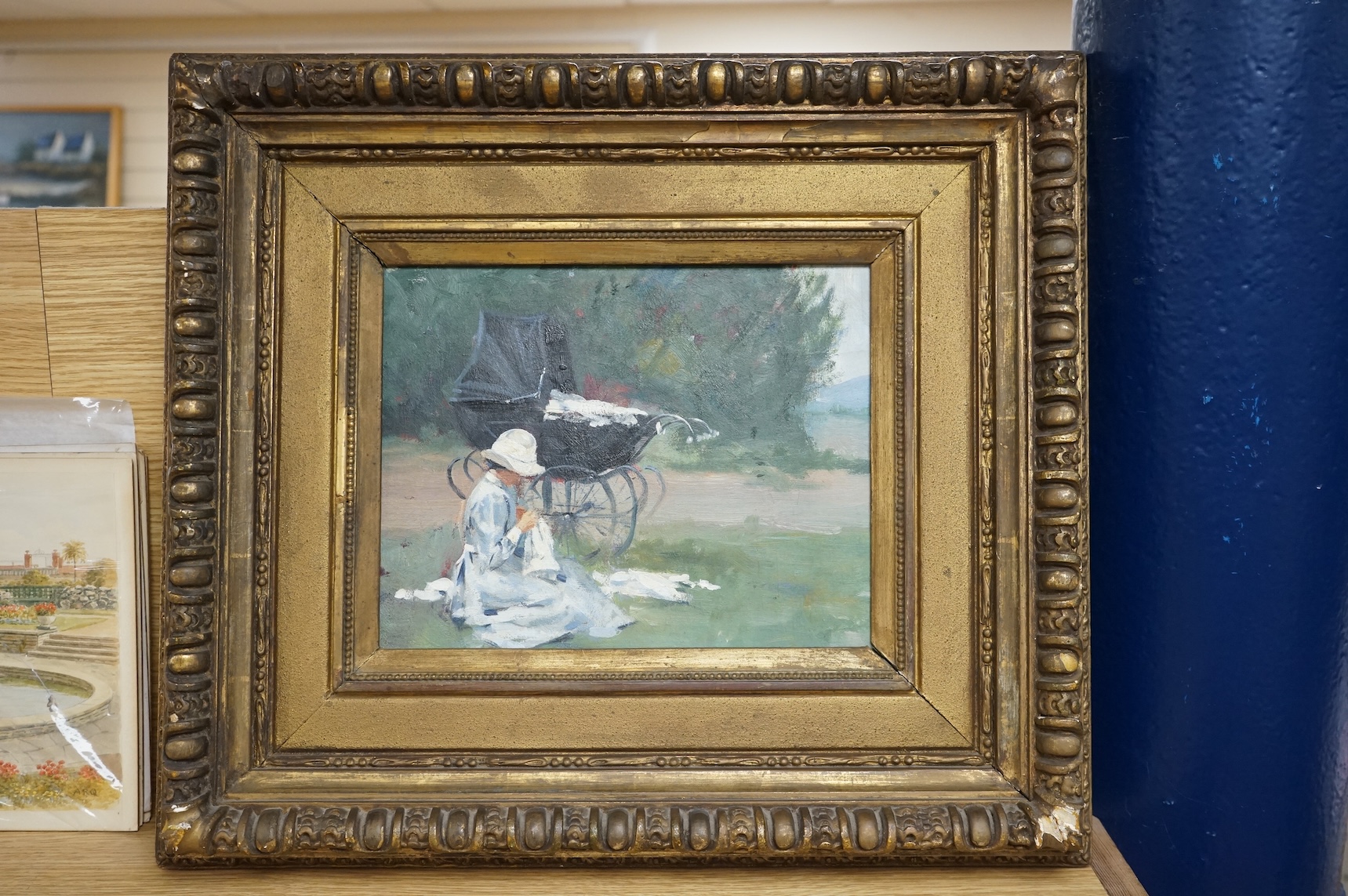 Early 20th century, French Impressionist, oil on board, Woman beside a pram, ornate framed, 20 x 25cm